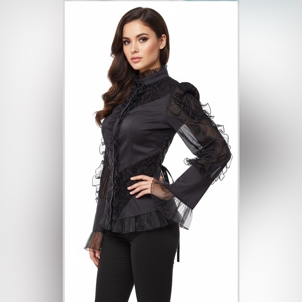 Clocolor Chic Black Ruffled Lace Blouse - Victorian Goth Elegance w Lace-Up Back